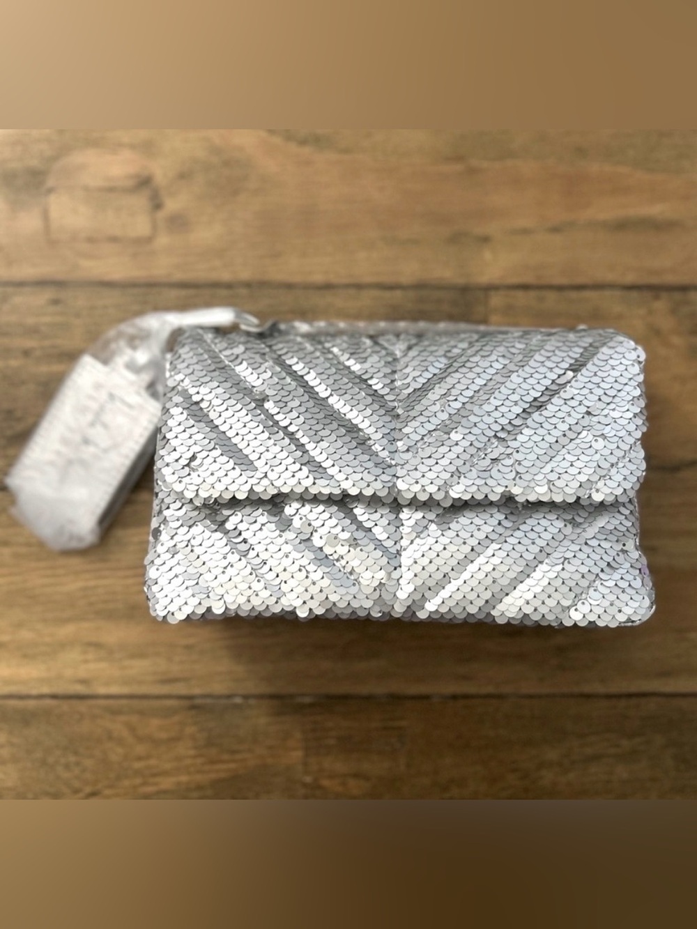 NICOLE MILLER Crossbody Bag Womens Silver Sequin Flap Shoulder Purse Chain Strap